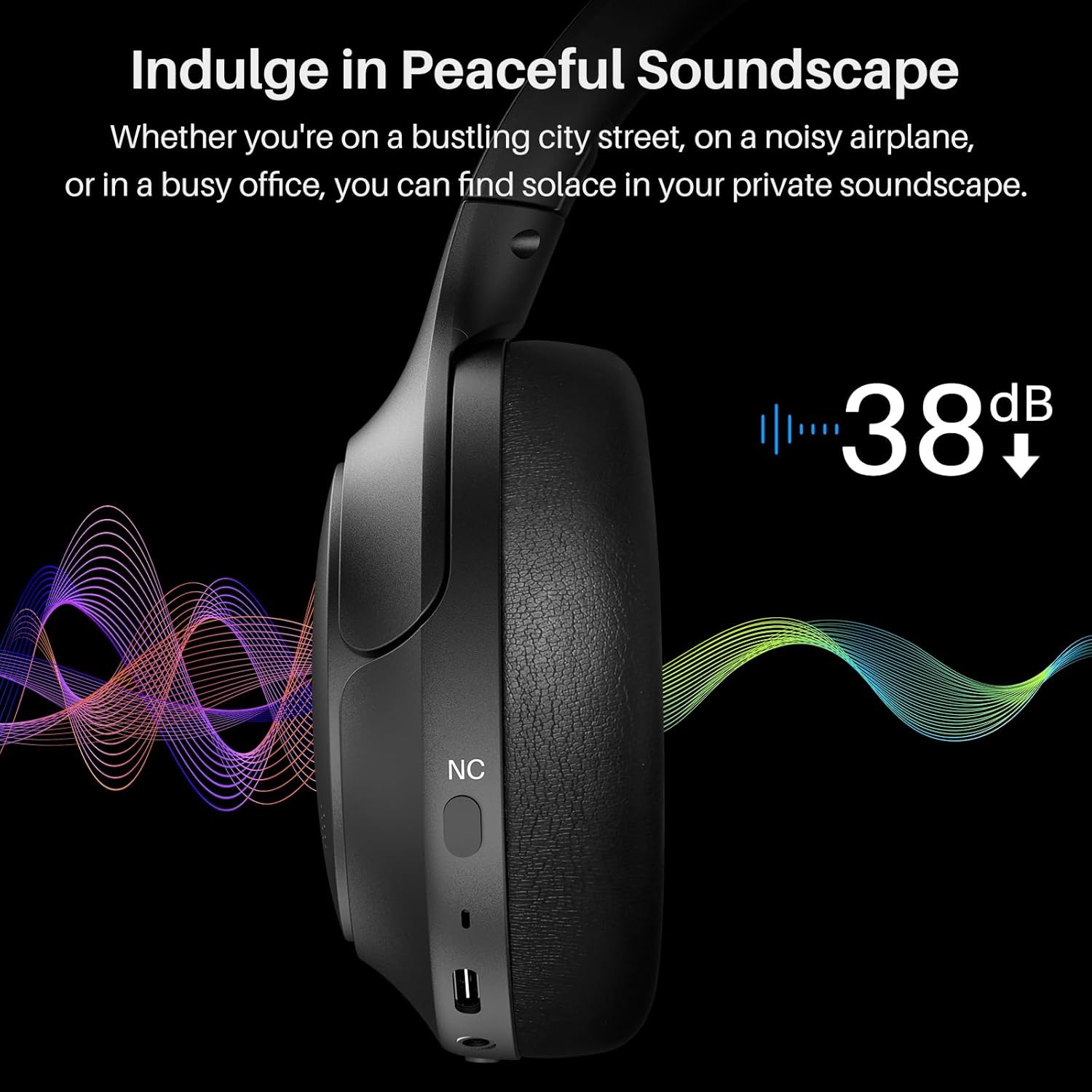 TOZO HT2 Hybrid Active Noise Cancelling Headphones, Wireless Over Ear Bluetooth Headset, 60H Playtime, Hi-Res Audio Custom EQ via App Deep Bass Comfort Fit Ear Cups, for Home Office Travel Black - Image 3